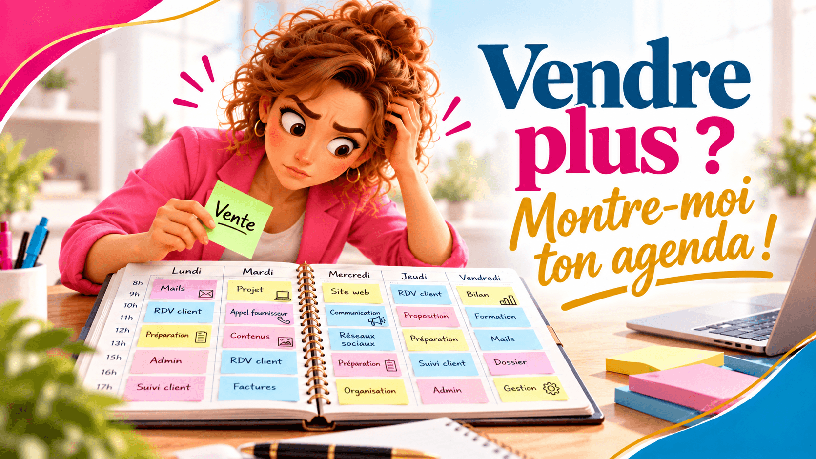 Entrepreneure face à un agenda surchargé, tenant un post-it vert « Vente » qu'elle cherche à placer parmi ses tâches