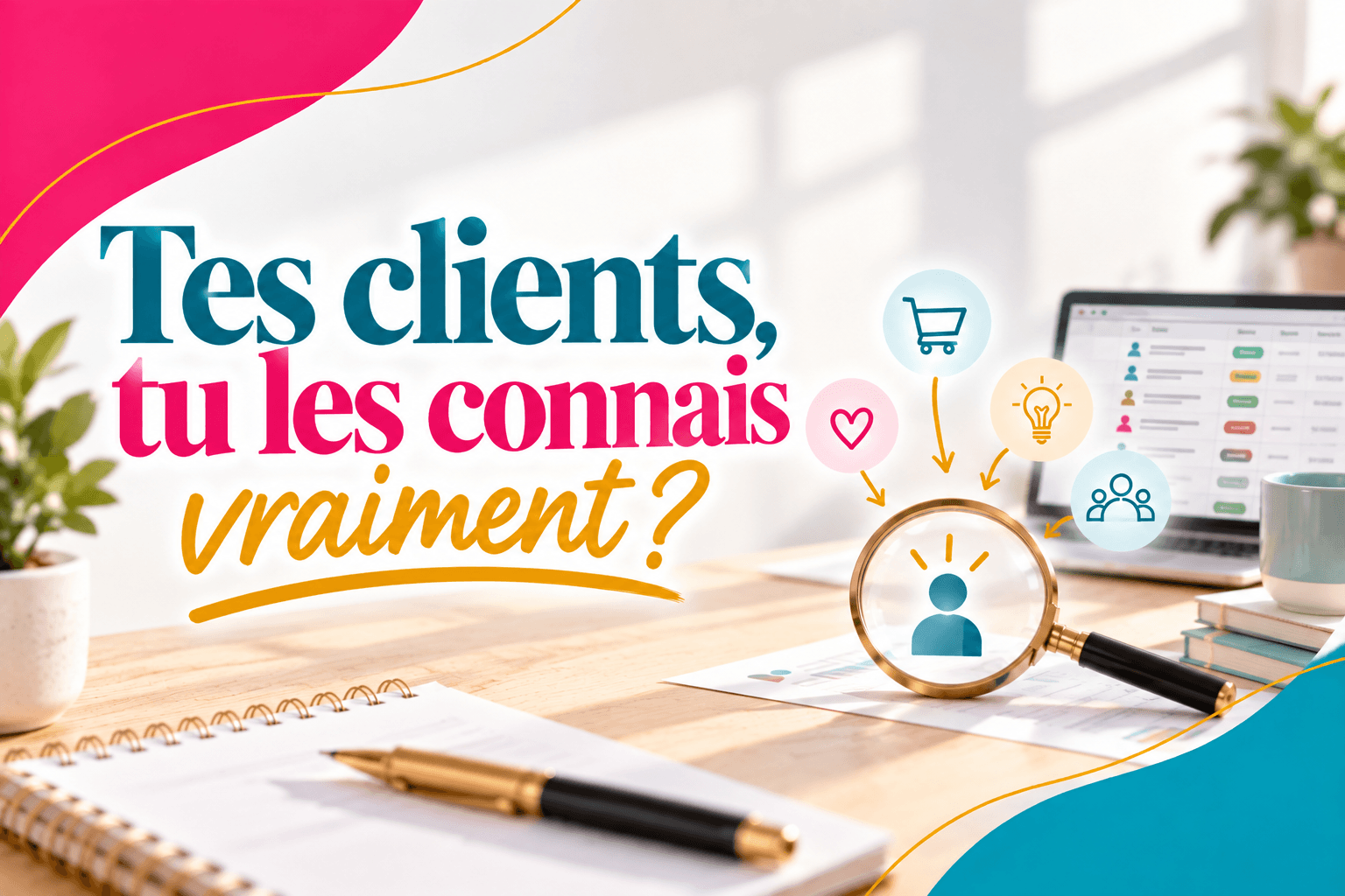 Illustration de l'article SOS Vente « Tes clients, tu les connais vraiment ? ». Une loupe met en évidence un profil client, avec en arrière-plan une base de données de contacts et prospects. L'image illustre l'importance de mieux connaître ses clients, de comprendre leurs motivations et leurs comportements d'achat, et d'exploiter les informations commerciales pour prendre de meilleures décisions.