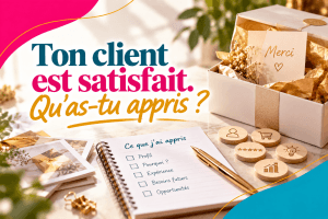 Visuel « Ton client est satisfait. Qu'as-tu appris ? » avec coffret cadeau, carnet de connaissance client et jetons de satisfaction