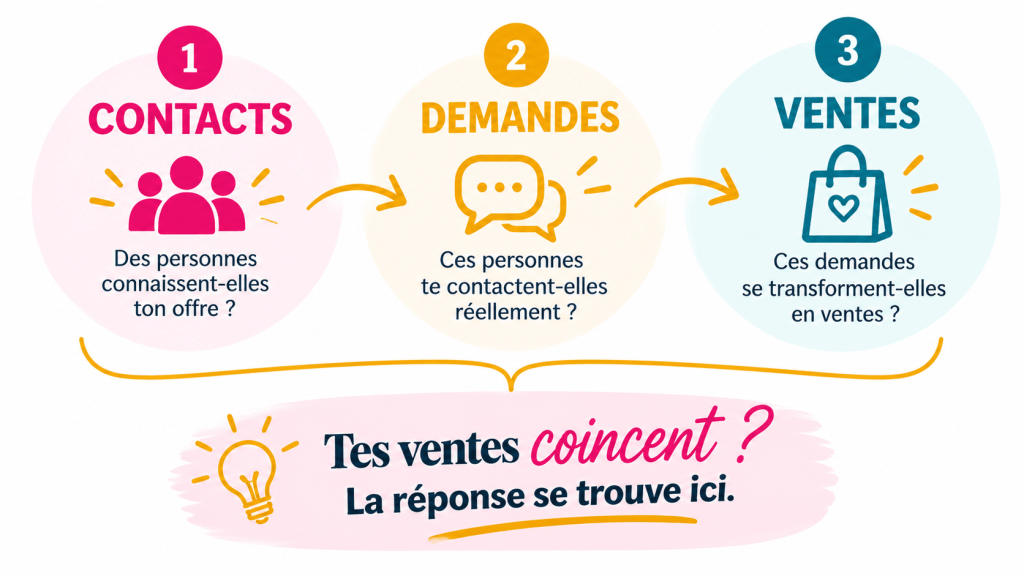 Schéma de diagnostic commercial en trois étapes : contacts, demandes commerciales et ventes, pour identifier où les ventes coincent.