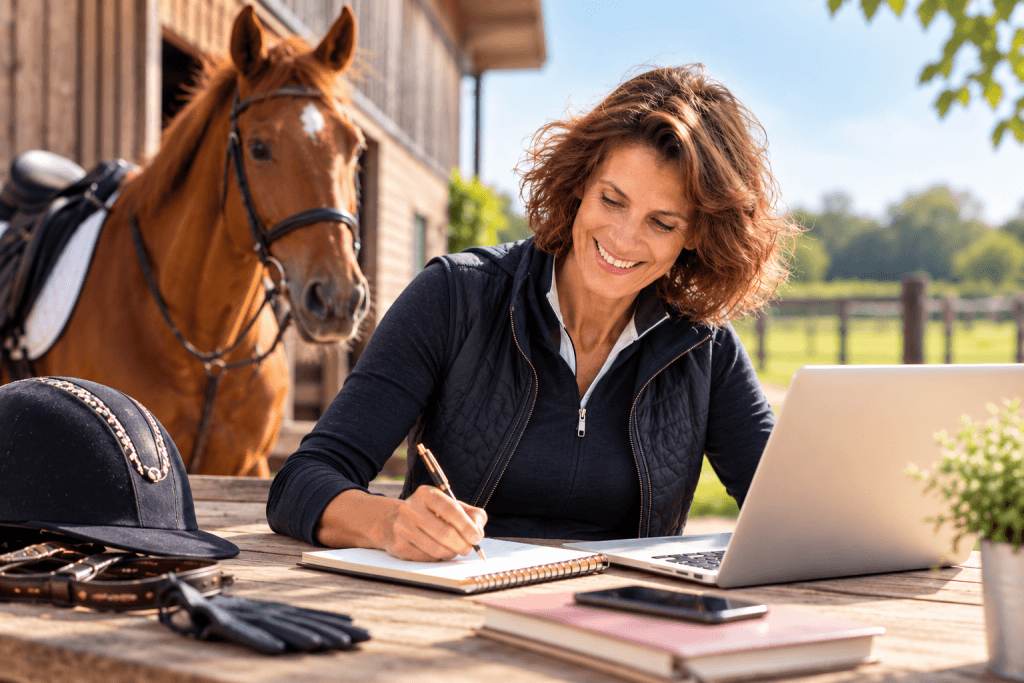 Une entrepreneure travaille sur un ordinateur portable près de son cheval, devant une écurie, dans un cadre ensoleillé.