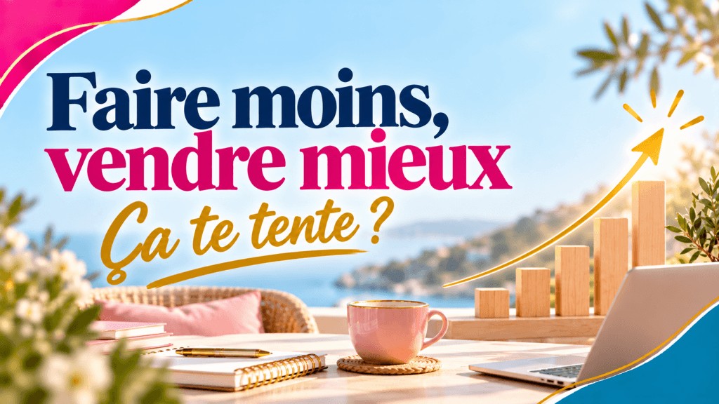 Visuel Faire moins, vendre mieux avec une terrasse face à la mer et un graphique de croissance doré