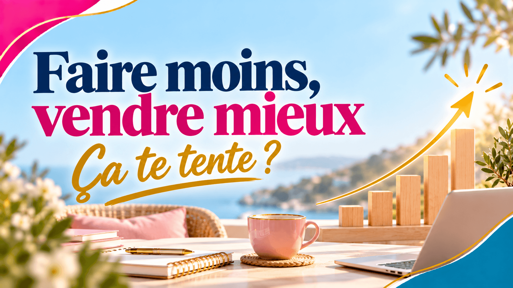 Visuel Faire moins, vendre mieux avec une terrasse face à la mer et un graphique de croissance doré