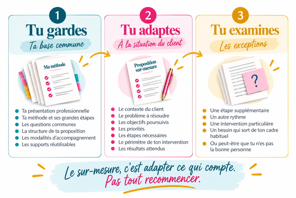 Schéma en trois parties pour construire une offre sur mesure : conserver la méthode, adapter la réponse au client et examiner les exceptions