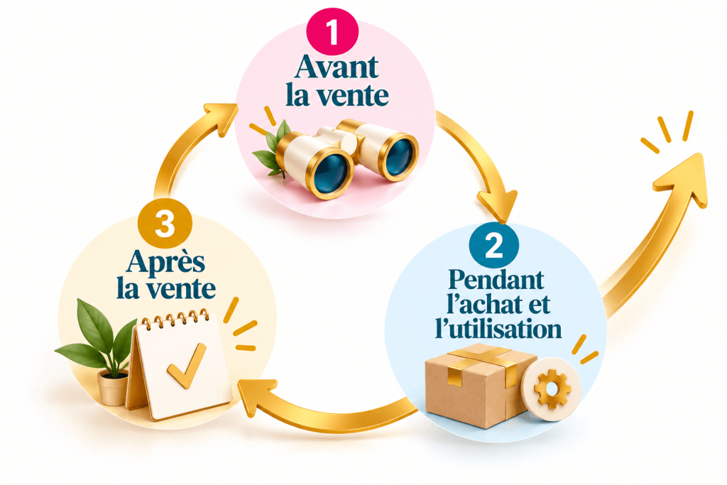 Schéma en boucle du parcours client : avant la vente en rose, achat et utilisation en bleu, après la vente en doré, reliés par des flèches.