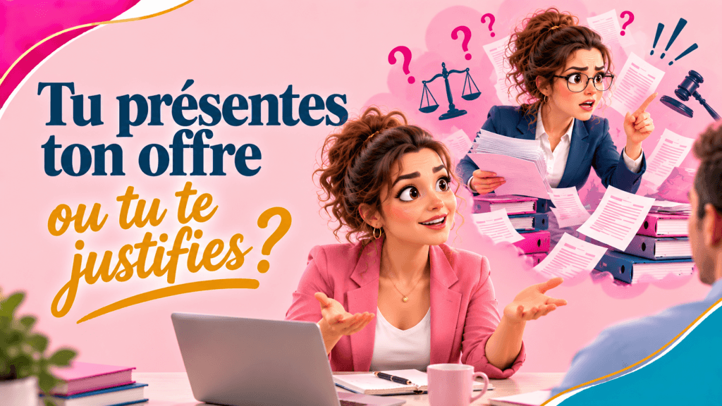 Entrepreneure présentant son offre, avec une représentation de ses pensées où elle se défend comme une avocate