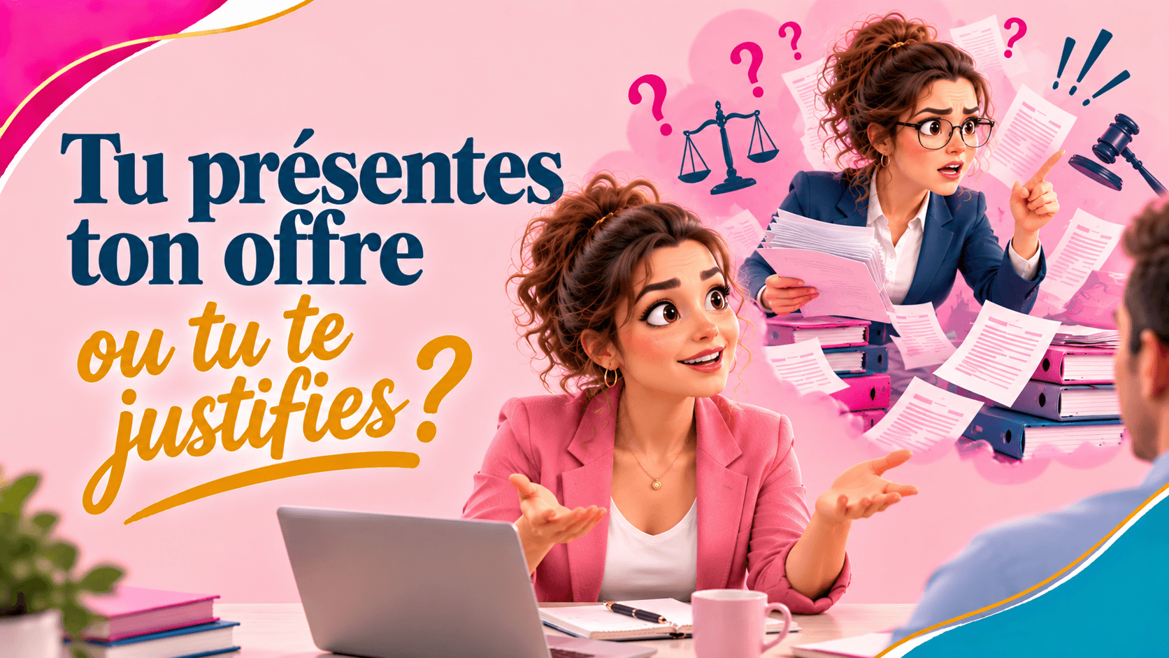 Entrepreneure présentant son offre, avec une représentation de ses pensées où elle se défend comme une avocate