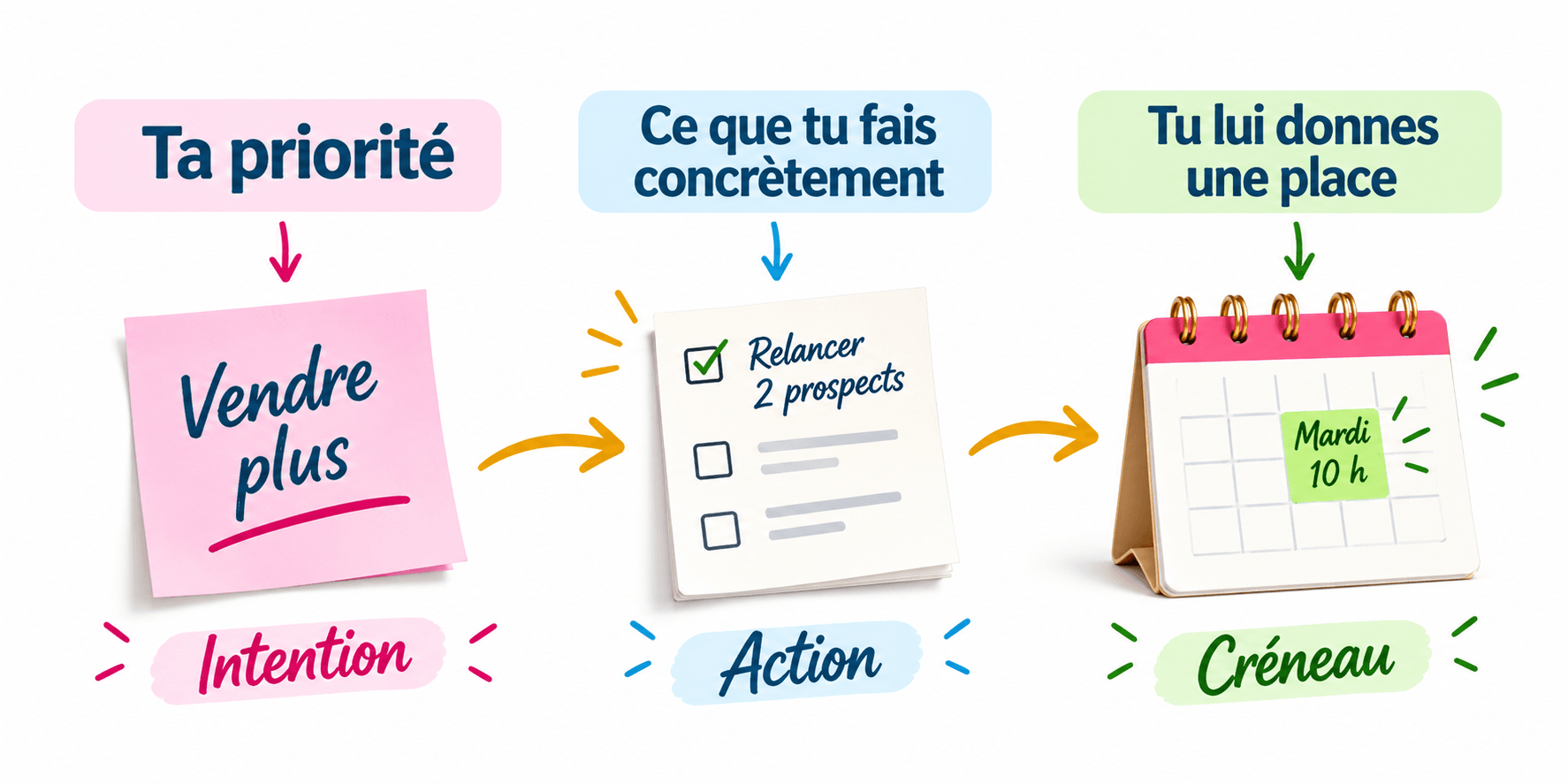Schéma en trois étapes : intention « Vendre plus », action « Relancer deux prospects », puis créneau réservé « Mardi, 10 h »