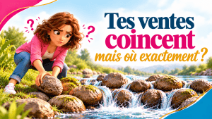 Illustration d'une entrepreneure déplaçant un rocher parmi plusieurs pierres qui bloquent une rivière, pour symboliser les obstacles aux ventes.