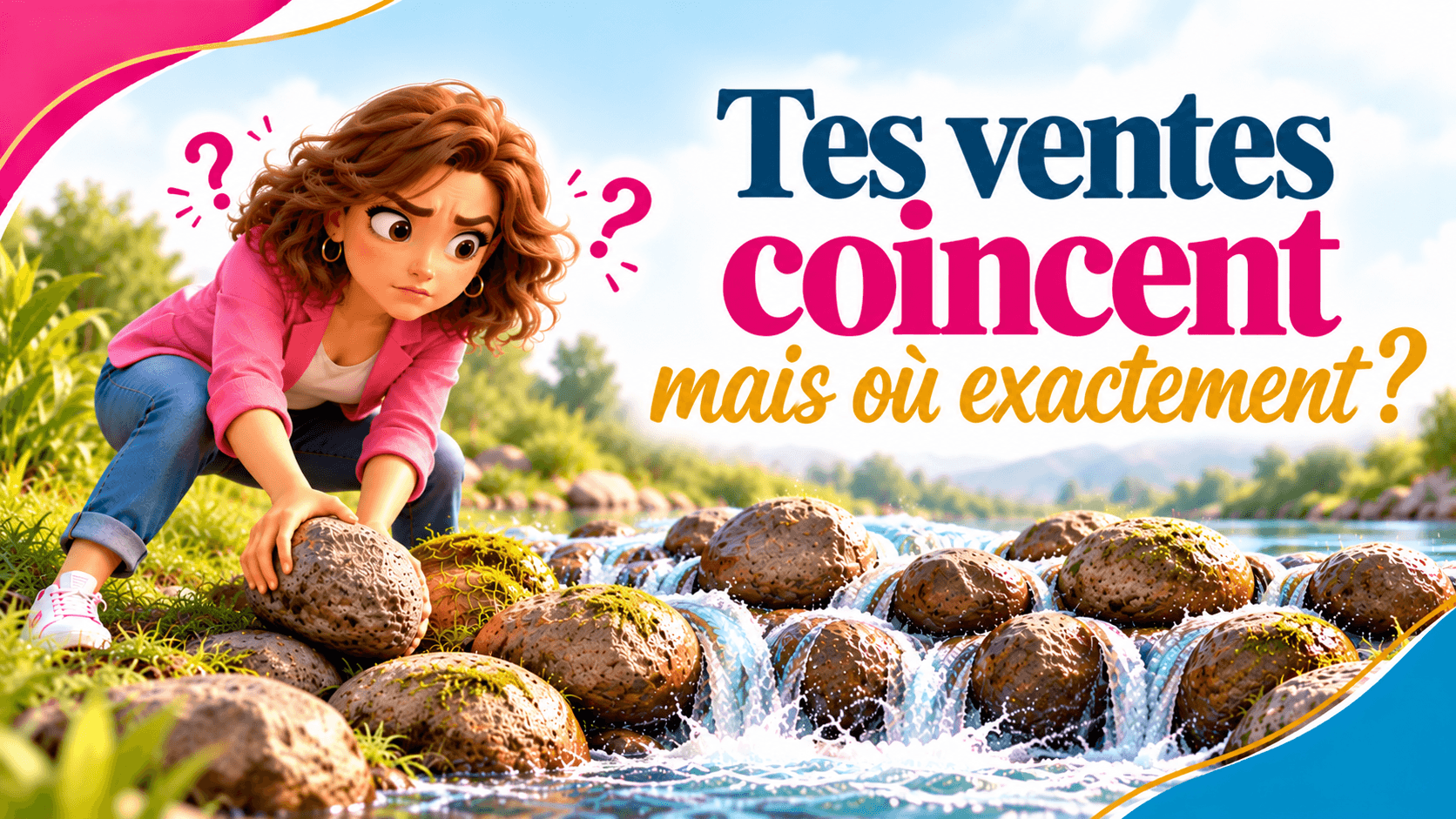 Illustration d'une entrepreneure déplaçant un rocher parmi plusieurs pierres qui bloquent une rivière, pour symboliser les obstacles aux ventes.