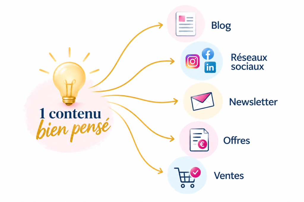 Schéma montrant comment un contenu peut être utilisé pour un blog, les réseaux sociaux, une newsletter, les offres et les ventes.